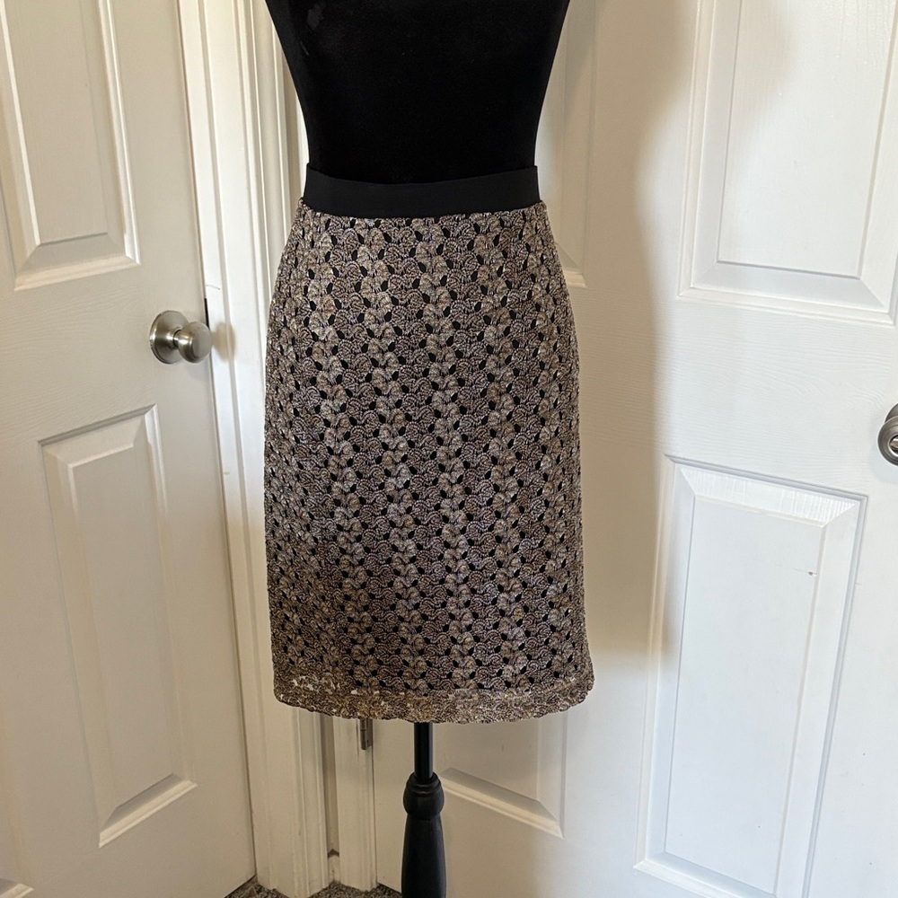 Sunny Leigh Elegant Black and Gold Overlay Pencil Skirt